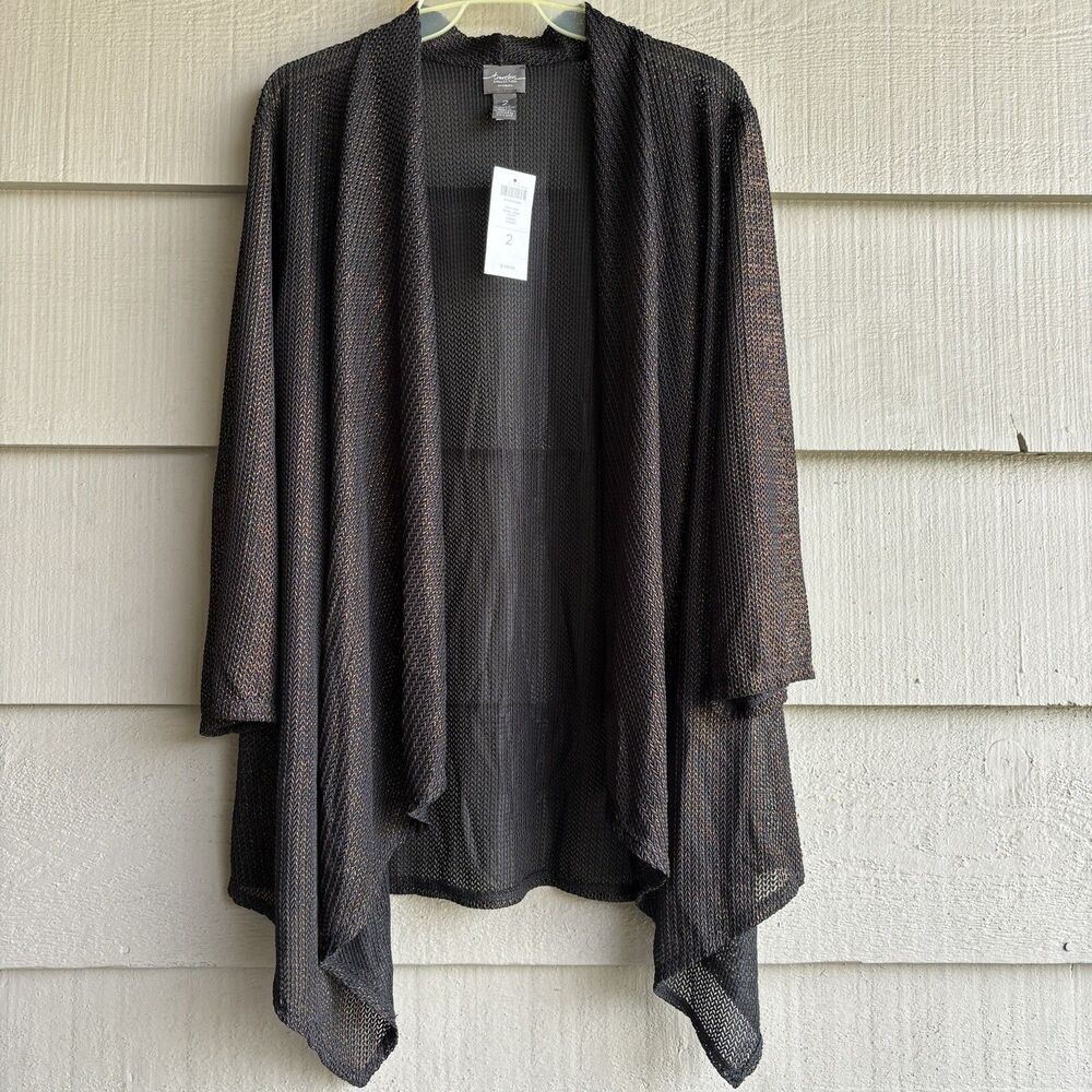 NWT Chico’s Travelers Collection Black Gold Metallic Knit Cardigan Size 2 L